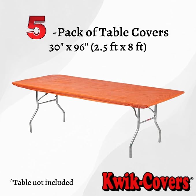 Kwik-Covers 8' Rectangle Plastic Table Covers 30" x 96", Bundle of 5 (Orange)