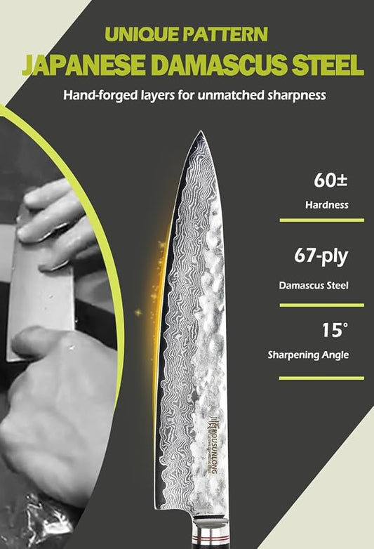 YOUSUNLONG Gyuto 10 inch Pro Chef's Knives Japanese Hammered Damascus Natural Leadwood Handle with Leather Sheath