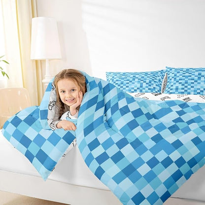 Manfei Pixelated Miners Theme Comforter Set Queen Size,Geometric Check Video Games Duvet Insert Adults Bedroom Decor,Gamepad Camo Grid Bedding Set,Blue Ultra Soft Microfiber Inner Fill 3Pcs Bedding