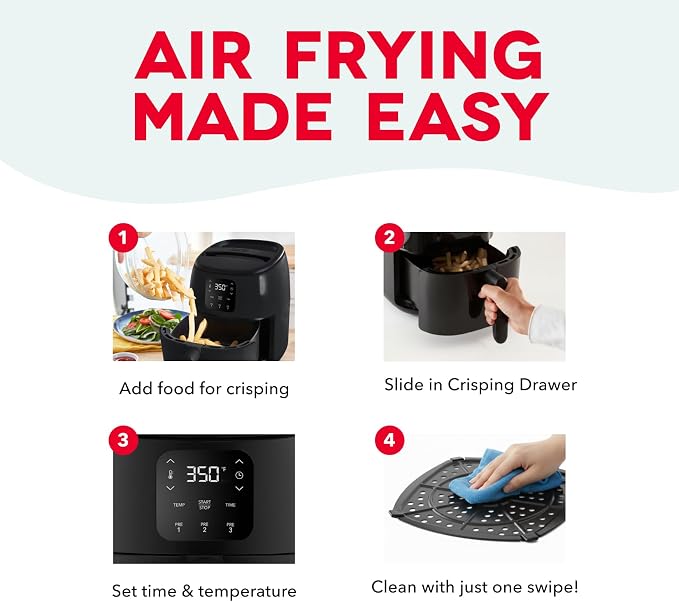 Dash Tasti-Crisp™ Digital Air Fryer – 2.6 Quart Small Compact Mini Air Fryer for French Fries, Nuggets & More, 1-2 People, Auto Shut Off, Adjustable Temp, Dishwasher Safe Parts - Black