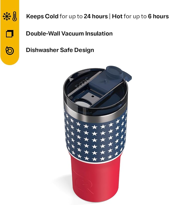 RTIC 20oz Essential Tumbler with Lid, Ceramic Lined, Insulated, Stainless Steel, Metal, Double Wall Vacuum-Insulation, Travel Cup for Iced Coffee, Tea, Hot and Cold Drink, Stars