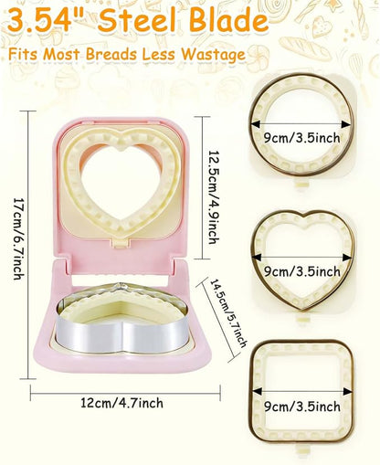 3-in-1 Uncrustable Sandwich Maker - Heart/Circle/Square Crustless Sandwich Cutter & Sealer for Kids' Lunch, Breakfast & Lunchboxes | BPA-Free Uncrustable Press, Easy Clean (3-Shape Pink)