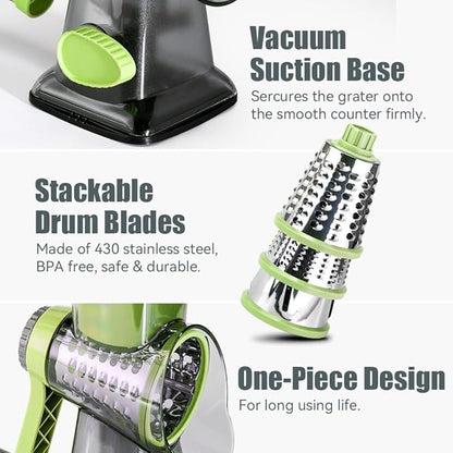 KEOUKE Rotary Cheese Grater Hand Crank Transparent - Shredder Slicer Grinder 3 Stainless Steel Blades, Stable Suction, Labor-Saving Handle, Safe Kitchen Tool for Cheese, Vegetable, Nuts, Chocolate