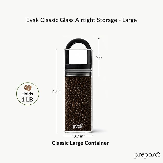 Prepara Evak Compact Airtight Glass Storage Canister, Medium (9.8” x 3.7”, 1LB) – Borosilicate Glass Container Vacuum Seal Lid & Black Handle, Odor & BPA-Free, Ideal for Coffee, Tea, Pantry Dry Goods