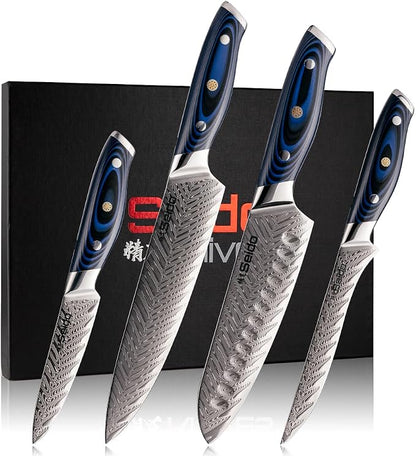 Seido Knives 4-Piece Kanpeki VG10 Damascus Steel Knife Set - Professional Chef Knife Set with Blue Handle - Includes Chef Knife