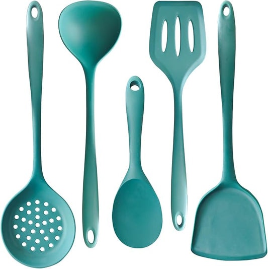 5-Piece Silicone Cooking Utensil Set, Food Grade Non-Stick Spatula and Ladle Set for Kitchen - Dishwasher Safe, Heat Resistant, Easy to Clean (Deep Green)