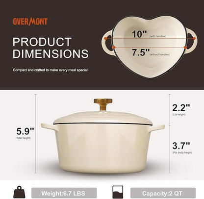 Overmont Heart-Shaped Enameled Cast Iron Dutch Oven, 2QT Pink Mini Pot with Lid for Cozy Meals, Soups & Small Batch Baking, Cute Kitchen Cookware Gift for Wedding, Housewarming & Birthday