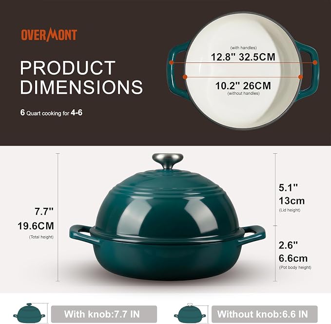 Overmont 6QT Enameled Cast Iron Bread Oven — Taller Body for Even Baking, Durable & Easy-to-Clean, Includes Dome Lid, Cotton Potholders & Cookbook, Perfect for Home Bakers & Sourdough Enthusiasts