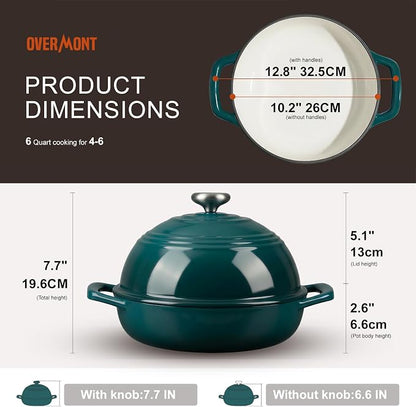 Overmont 6QT Enameled Cast Iron Bread Oven — Taller Body for Even Baking, Durable & Easy-to-Clean, Includes Dome Lid, Cotton Potholders & Cookbook, Perfect for Home Bakers & Sourdough Enthusiasts