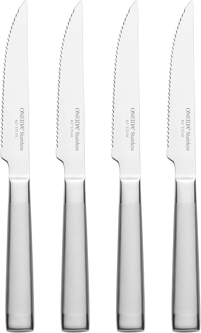 Oneida Preferred Stainless Steel Steak Knives Set of 4 – Durable Dining Cutlery with Sharp Serrated Blades, Metallic Finish