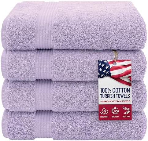 American Veteran Towel, 100% Cotton Turkish Bath Towels for Bathroom 4 Pack, 27x54 Extra Large Premium Soft Drying Bathroom Towels, Lilac
