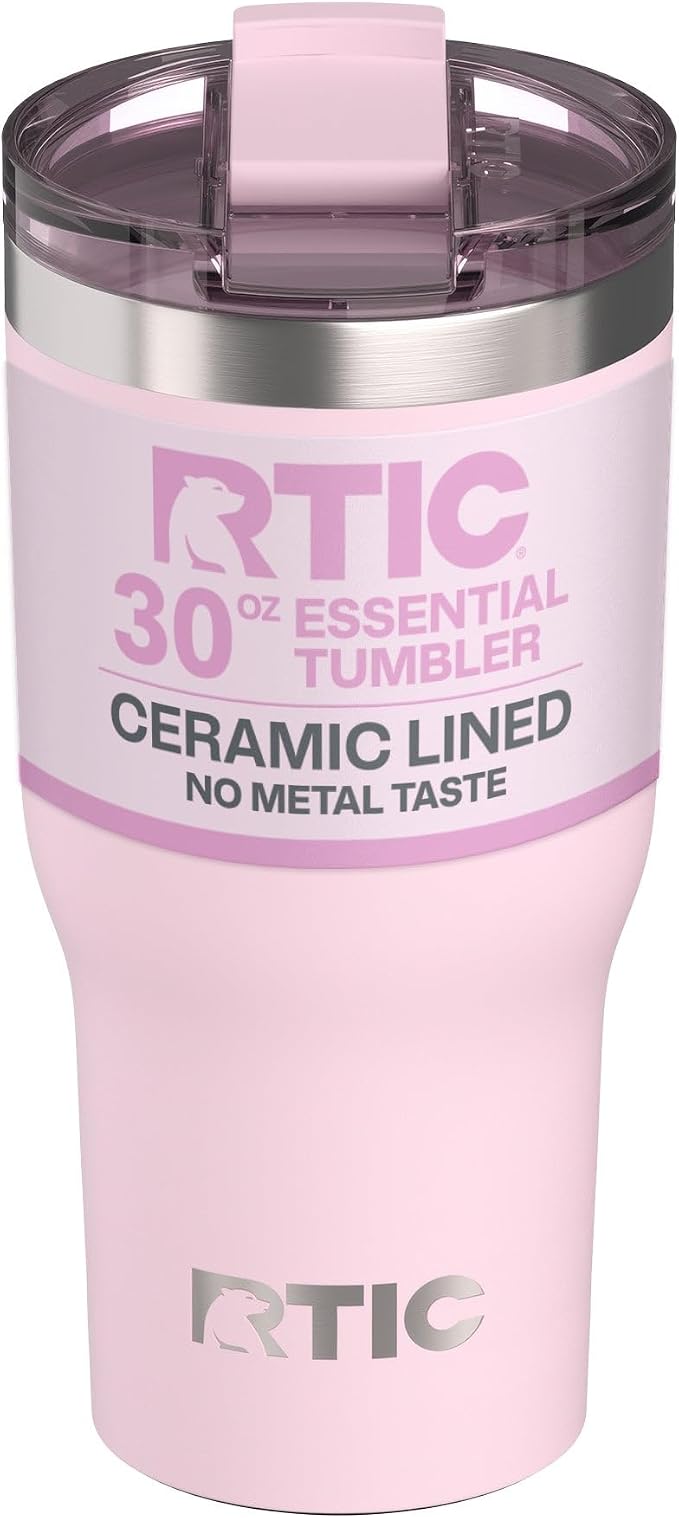RTIC 30oz Essential Tumbler with Lid, Ceramic Lined, Insulated, Stainless Steel, Metal, Double Wall Vacuum-Insulation, Travel Cup for Iced Coffee, Tea, Hot and Cold Drink, Pale Pink