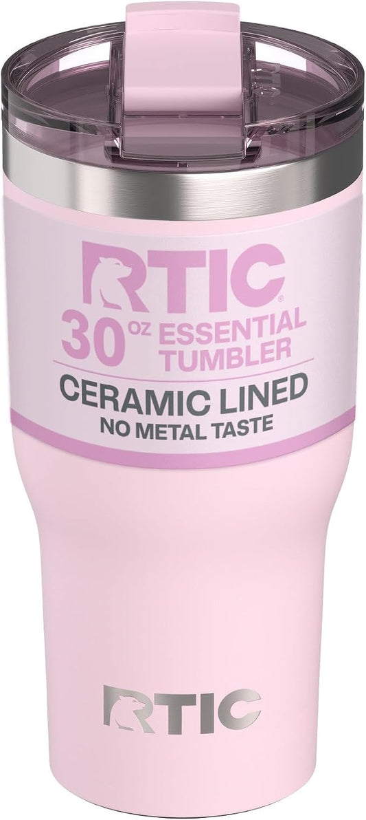 RTIC 30oz Essential Tumbler with Lid, Ceramic Lined, Insulated, Stainless Steel, Metal, Double Wall Vacuum-Insulation, Travel Cup for Iced Coffee, Tea, Hot and Cold Drink, Pale Pink