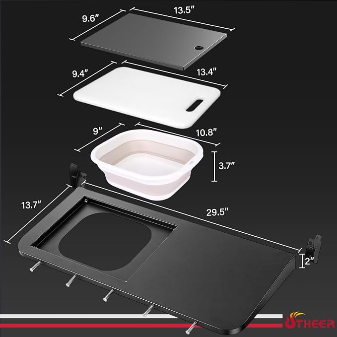 Utheer Upgraded Folding Front Shelf for Pit Boss Austin XL 1000 & Savannah 1500 Pellet Grills, 29.5" × 13.7" Heavy-Duty BBQ Prep Table with Cutting Board, Foldable Basin, Lid & 5 Hooks, 60-LB Load
