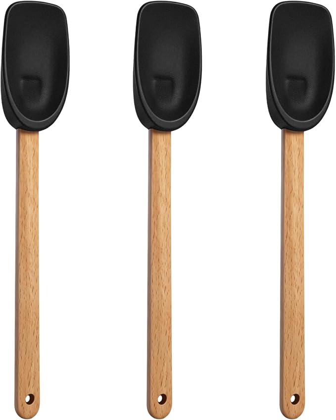 CHENGU 3 Pcs Spoonula Shaped Silicone Spoon with Wooden Handle Holiday Kitchen Utensil Gift Set Black Spoonula Spatula Non-stick Cooking Tools for Mixing Stirring and Baking