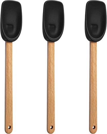 CHENGU 3 Pcs Spoonula Shaped Silicone Spoon with Wooden Handle Holiday Kitchen Utensil Gift Set Black Spoonula Spatula Non-stick Cooking Tools for Mixing Stirring and Baking