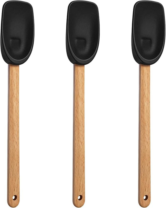CHENGU 3 Pcs Spoonula Shaped Silicone Spoon with Wooden Handle Holiday Kitchen Utensil Gift Set Black Spoonula Spatula Non-stick Cooking Tools for Mixing Stirring and Baking