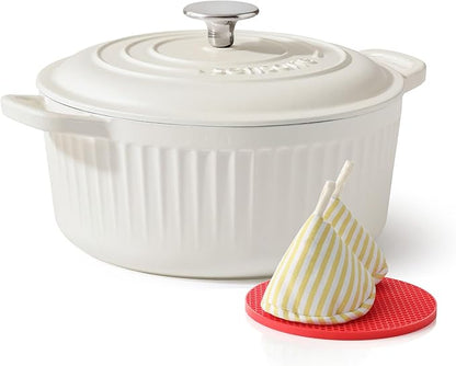 SENSARTE Enameled Cast Iron Dutch Oven Pot with Lid 3.5/5.5/6.5 Quart Heavy-Duty Round Dual Handles Kitchen Pot with Cotton Potholders & Silicone Trivet, Pot for Bread Baking, Stews, Braising, Roasting, Oven Safe, 3.5Quart, White