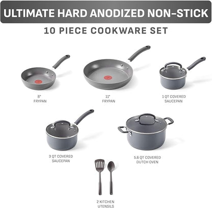 T-Fal Ultimate Hard Anodized Nonstick 10 Piece Cookware Set, Oven Safe Up to 400°F, Dishwasher Safe, Pots and Pans Set, Includes Frying Pans, Saucepan, Stockpot, Cooking Utensils, Stone