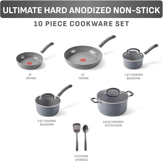 T-Fal Ultimate Hard Anodized Nonstick 10 Piece Cookware Set, Oven Safe Up to 400°F, Dishwasher Safe, Pots and Pans Set, Includes Frying Pans, Saucepan, Stockpot, Cooking Utensils, Stone