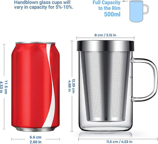 ecooe 16.9 OZ Borosilicate Glass Tea Mug Cup Glasses with Stainless Steel Infuser & Lid, Loose Leaf Tea Cup Clear Teacup 430mL(Use Capacity)