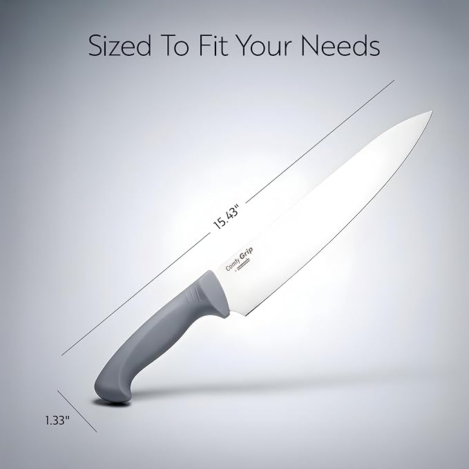 Restaurantware Comfy Grip 10 Inch Chef's Knife 1 Sharp Cooking Knife - Ergonomic Handle Non-Slip Grip Gray Stainless Steel Kitchen Knife Dishwashable Slice Dice Mince or Chop Ingredients