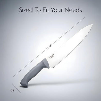 Restaurantware Comfy Grip 10 Inch Chef's Knife 1 Sharp Cooking Knife - Ergonomic Handle Non-Slip Grip Gray Stainless Steel Kitchen Knife Dishwashable Slice Dice Mince or Chop Ingredients