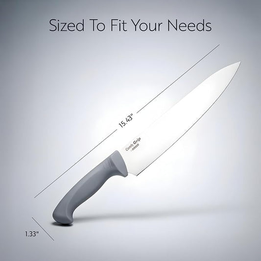 Restaurantware Comfy Grip 10 Inch Chef's Knife 1 Sharp Cooking Knife - Ergonomic Handle Non-Slip Grip Gray Stainless Steel Kitchen Knife Dishwashable Slice Dice Mince or Chop Ingredients