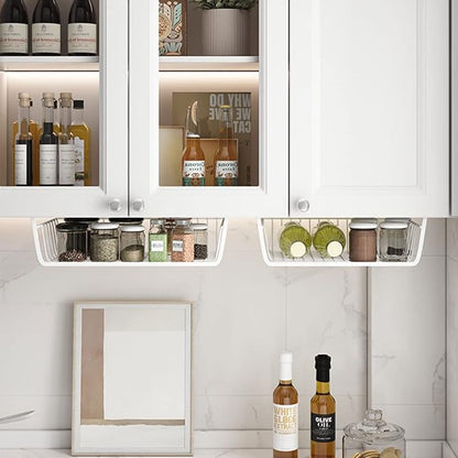 Under Shelf Storage Basket, Hanging Shelf Basket Slides Under Shelves for Storage Metal Under Cabinet Shelf Basket Organizer for Kitchen Pantry Desk Bookshelf (White Pack of 4)