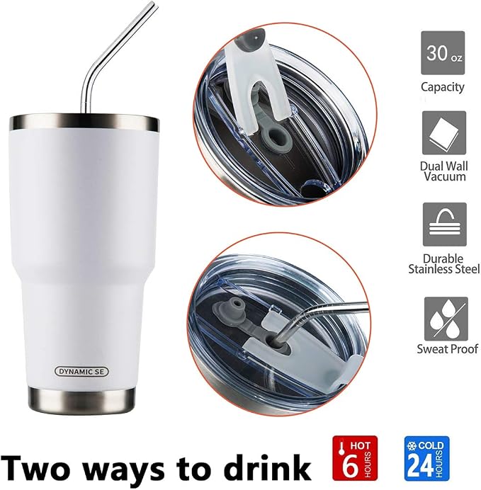 D·S 30oz White Tumbler Stainless Steel Double Wall Vacuum Insulated Mug with Straw and Lid, Cleaning Brush for Cold and Hot Beverages (30oz White)