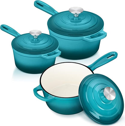 Leonyo 1Qt & 2Qt & 3Qt Enamel Cast Iron Saucepan Set, Enameled Sauce Pan with Lid, Cast Iron Dutch Oven Kitchen Pot Cookware for All Cooktops Cooking Pasta, Milk - Lake Green