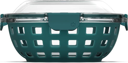 Ello DuraGlass Food Storage Glass Lunch Bowl Container - Meal Prep Container with Silicone Sleeve and Airtight Lid, 5 Cup, Teal