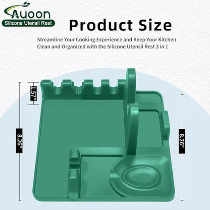 Auoon Silicone Spoon Rest with Lid Holder - 3 in 1 Kitchen Utensil Rest for Soup Ladles, Pot Lids, Spatulas, Spoons, Tongs, BPA Free & Dishwasher Safe, 8.26 x 8.06 Inch (Sea Blue, Large)