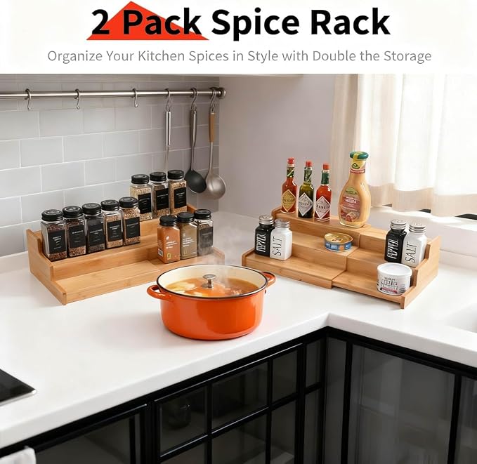 JinDoWin 2 Pack Bamboo Spice Organization for Cabinet, Cabinet Spice Organizer, 3-Tier Spice Rack Organizer for Cabinet, Kitchen Seasoning Organizer & Seasoning Rack