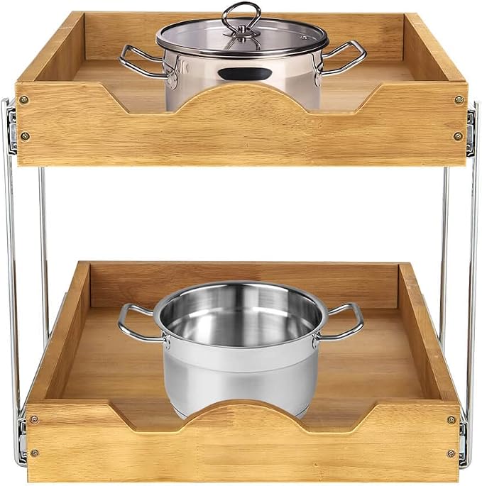 DINDON 2 Tier Pull Out Cabinet Organizer (11" W x 21" D) Double Tier Slide Out Wood Drawer Under Cabinet Storage And Organization
