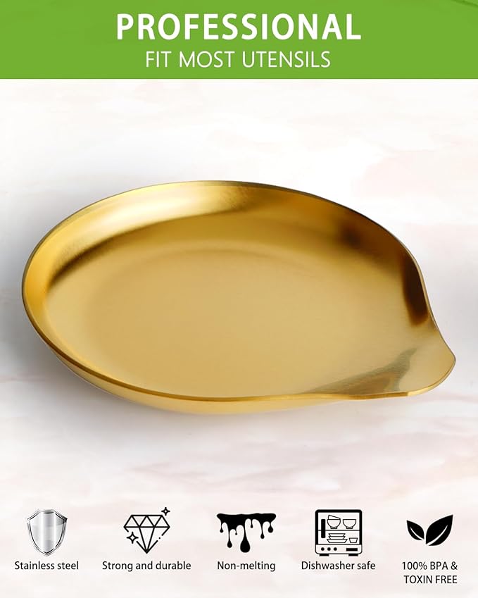 VanlonPro Stainless Steel Spoon Rest, Spatula Ladle Holder, Stainless Steel Utensil Spoon Rest Holder, Brushed Finish, Dishwasher Safe 5.9 x 5.1 Inch (Round Gold 1PC)