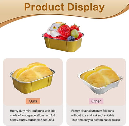 mini loaf pans with lids and spoons 50 Pack,5.5 oz Rectangle mini individual cake tins Disposable Small Aluminum Foil Baking pans(50, Gold)