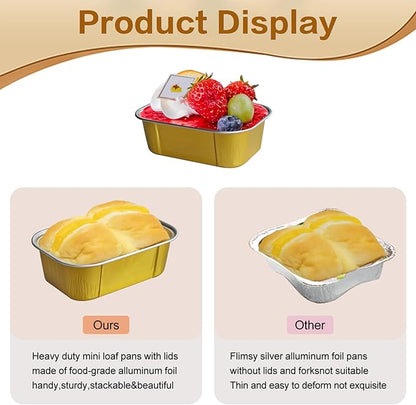Mini Cake Pans With Lids And Spoons,5.5 oz Rectangle Mini individual Loaf Pans Disposable Aluminum Foil Small Baking Cups Tins (200, Gold)