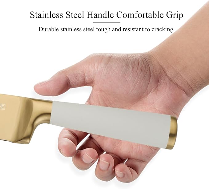 Aesthetic Gold White Kitchen Knife Set,7Pcs Gold Titanium Coated Dishwasher Safe Knife Block Sets,Wooden Block with Built-In Sharpener,Luxury Gift for Women Housewarming