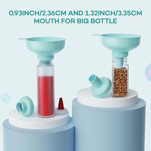 Pisol Wide Mouth Versatile Funnel, Canning Funnels for Kitchen Use, Food Grade Plastic Cooking Funnel Set with 4 Size Spouts and 2 Strainers for Filling Different Bottles and Bags, Teal