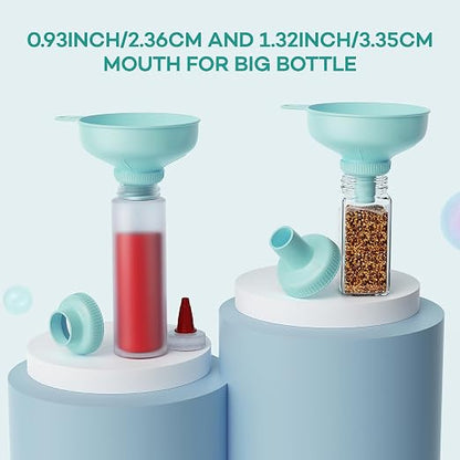 Pisol Wide Mouth Versatile Funnel, Canning Funnels for Kitchen Use, Food Grade Plastic Cooking Funnel Set with 4 Size Spouts and 2 Strainers for Filling Different Bottles and Bags, Teal