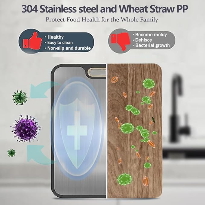 Stainless Steel Cutting Boards for Kitchen,304 Stainless and Wheat Straw PP Double Sided Cutting Board,Non slip Easy to Clean Kitchen Chopping Board,Dishwasher Safe(16 * 11 In)