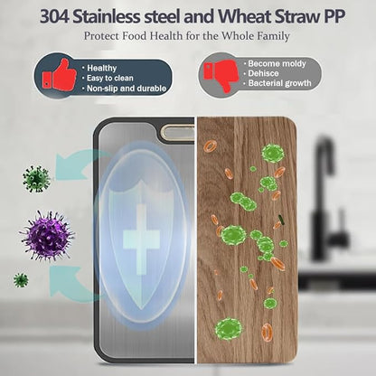 Stainless Steel Cutting Boards for Kitchen,304 Stainless and Wheat Straw PP Double Sided Cutting Board,Non slip Easy to Clean Kitchen Chopping Board,Dishwasher Safe(16 * 11 In)