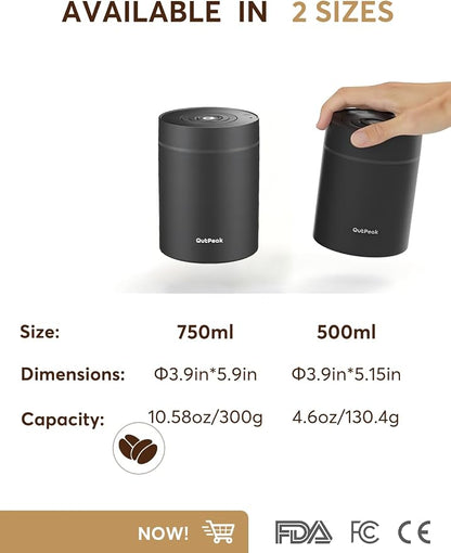 OUTPEAK Neo 2026 Auto Vacuum Coffee Canister, 0.75L Capacity for 10.58oz of Coffee Beans, One-Button Operation, Stainless Steel Food Storage Container with Scoop Black (Champion's Choice)