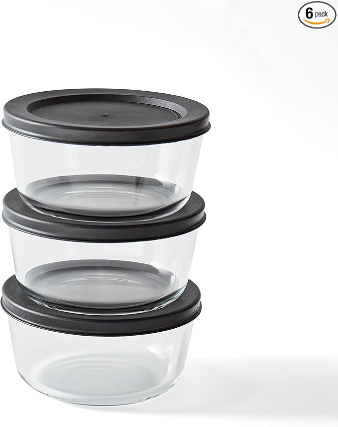 6-Piece Glass Food Storage Containers Set (3 Containers + 3 BPA-Free Lids) | 2-Cup, Leakproof | Microwave, Freezer, Oven & Dishwasher Safe | Ideal for Meal Prep & Pantry Organization, Black