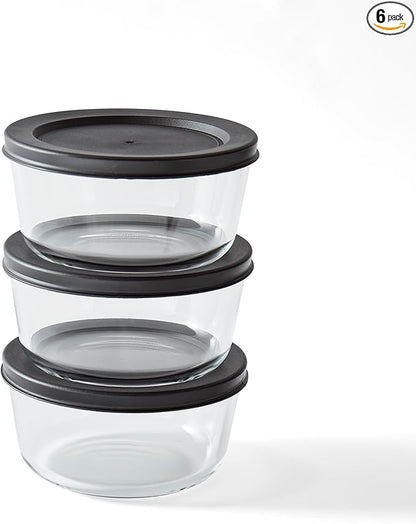6-Piece Glass Food Storage Containers Set (3 Containers + 3 BPA-Free Lids) | 2-Cup, Leakproof | Microwave, Freezer, Oven & Dishwasher Safe | Ideal for Meal Prep & Pantry Organization, Black