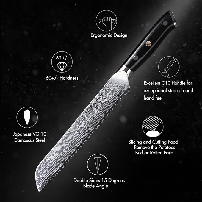 TURWHO Professional serrated Bread Knife 8 Inch - Classic Damascus pattern Japanese VG-10 Steel Kitchen Knives