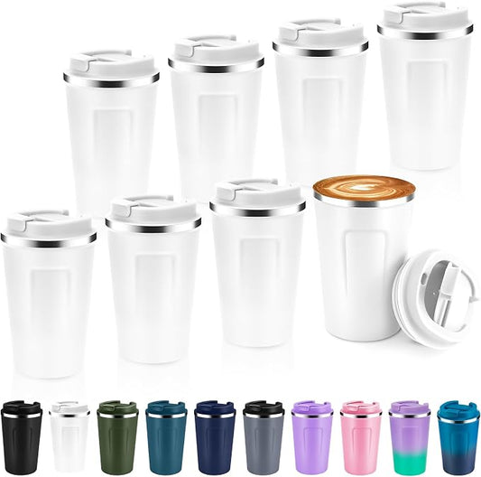 Volhoply 12 oz Double Wall Insulated Vacuum Travel Coffee Mug with Flip Lid Bulk 8 Pack,Reusable Stainless Steel Leak Proof Coffee Cup,Portable Cafe Thermal Tumblers for Hot & Cold Drinks(White,8 Set)