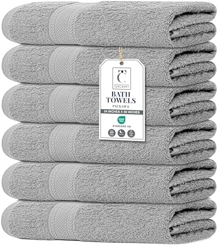 Large Bath Towels Set of 6 – 100% Cotton Terry – 24" x 50" – Quick Dry, Soft & Highly Absorbent – Light Grey Towels for Bathroom, Gym, Spa, Pool & Daily Use