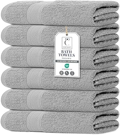 Large Bath Towels Set of 6 – 100% Cotton Terry – 24" x 50" – Quick Dry, Soft & Highly Absorbent – Light Grey Towels for Bathroom, Gym, Spa, Pool & Daily Use